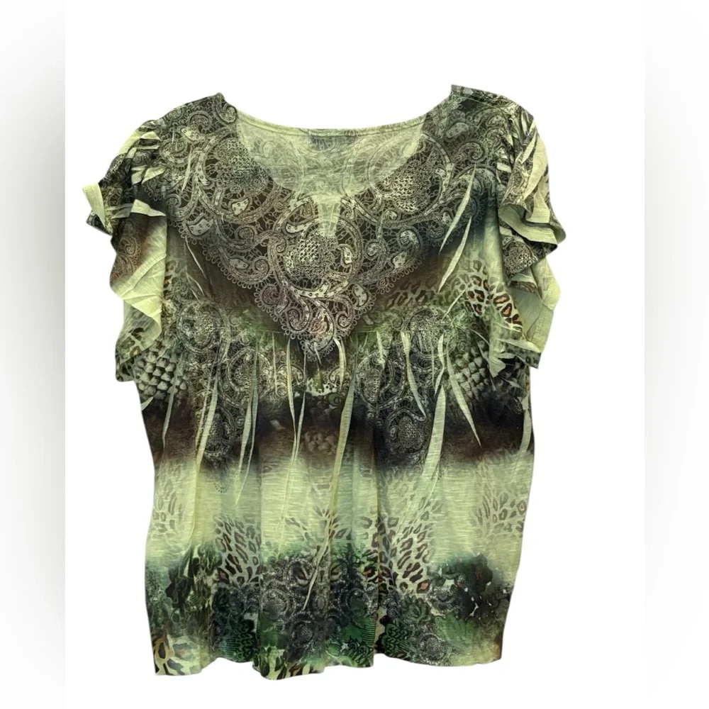 Energe One World Green Patterned Blouse Size XL Dark Fairy Goblincore Forest - Picture 4 of 6